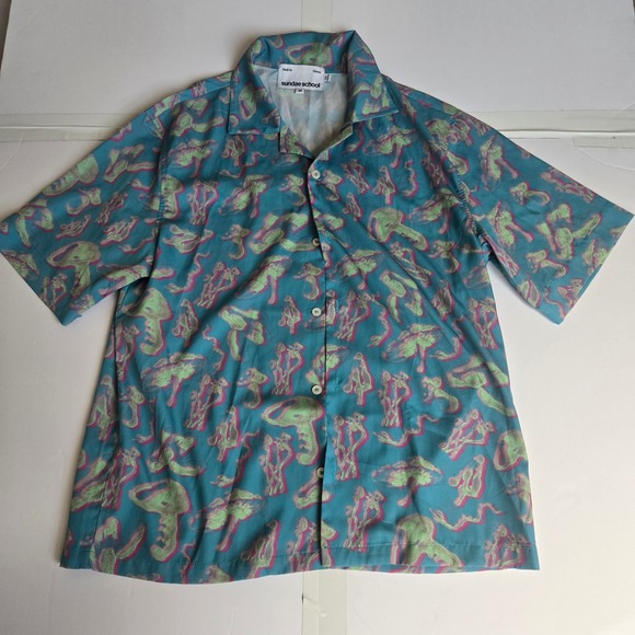 Sundae School Heaven Button Down Shirt - Mushroom Print - Mens Medium - Blue - Picture 1 of 7